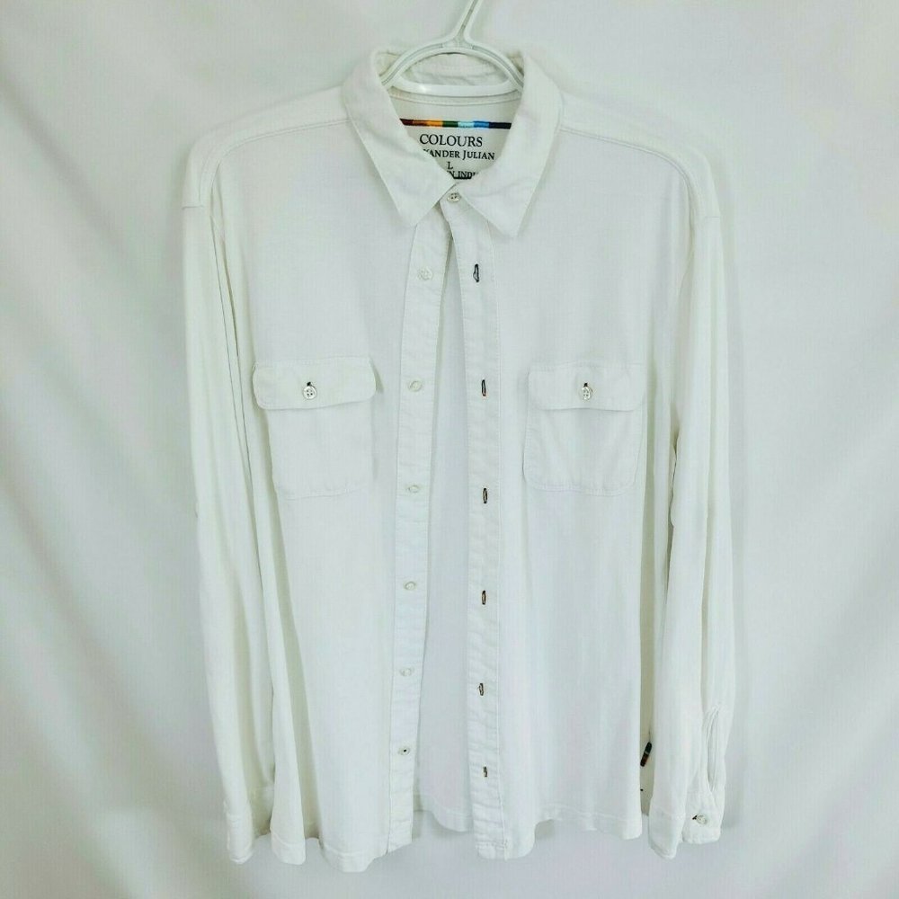Colours Alexander Julian Large White Button Down Knit Collared Shirt Tab Sleeve
